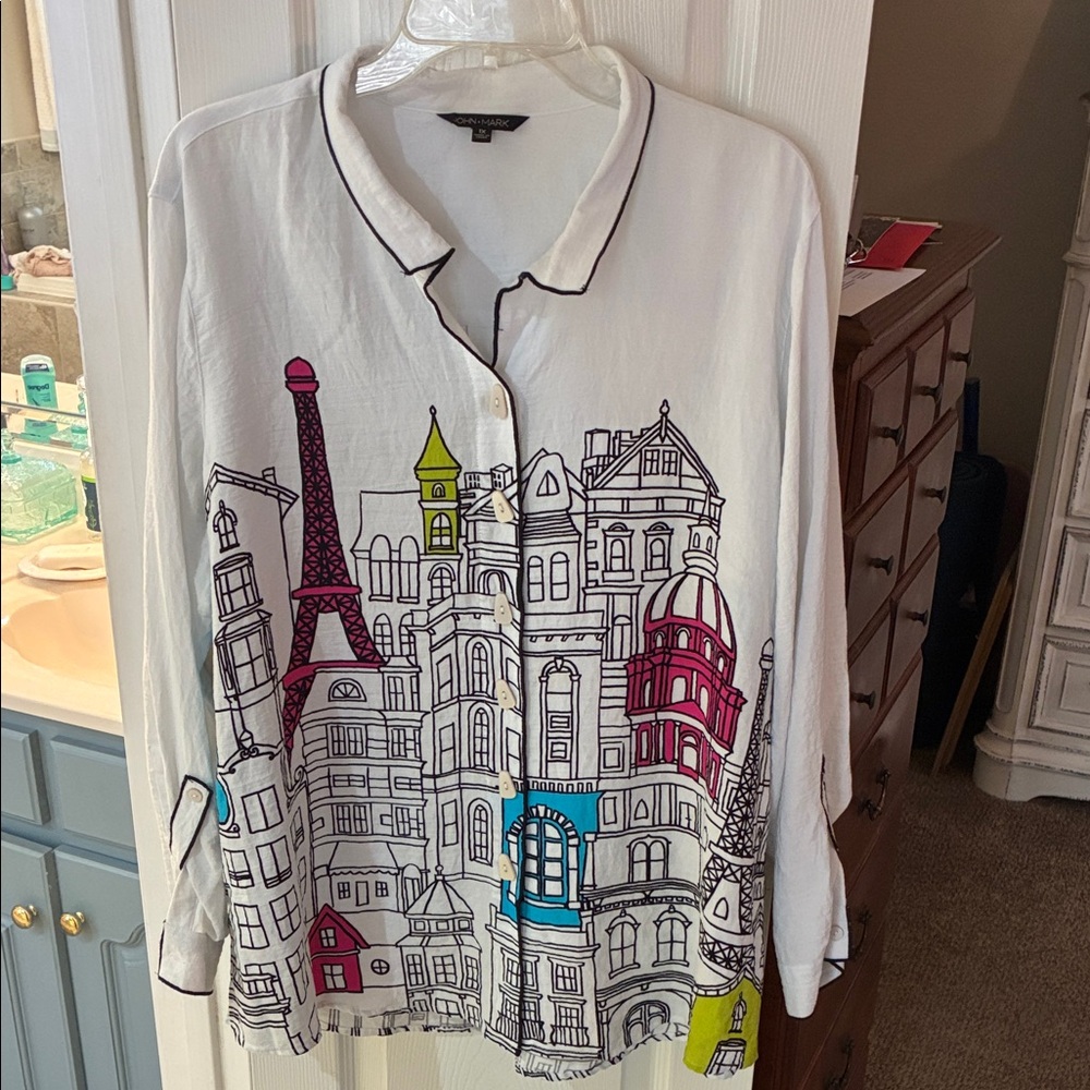 John Mark City Scene Paris Novelty Button Tunic Top SX 1X